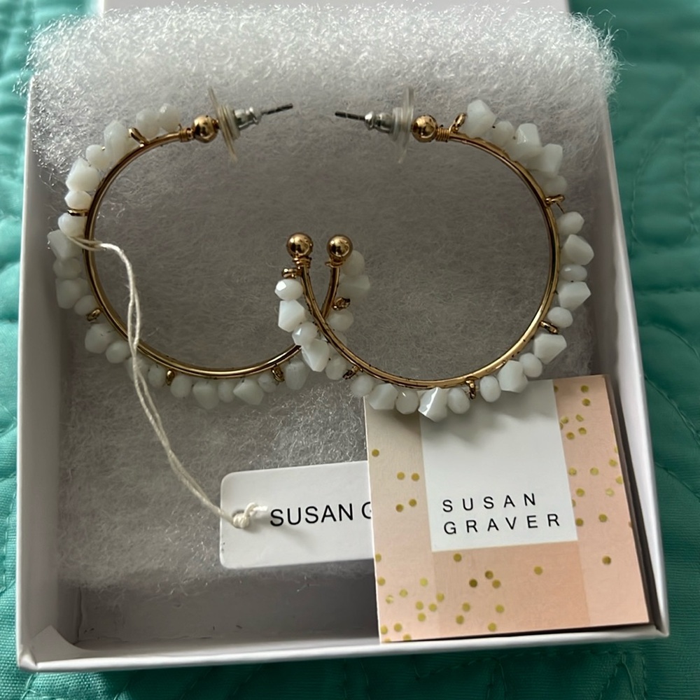 Susan Graver white beaded hoop earrings